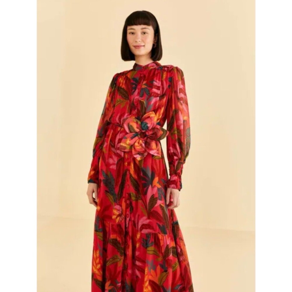 Farm Rio Red Rooster Leaves Red Maxi Dress XXS NWT